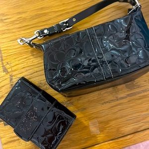Set of coach black patent leather handbag and wallet